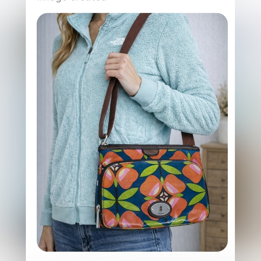 Fossil Key-Per Crossbody Bag Floral Geometric Multicolor Adjustable Strap